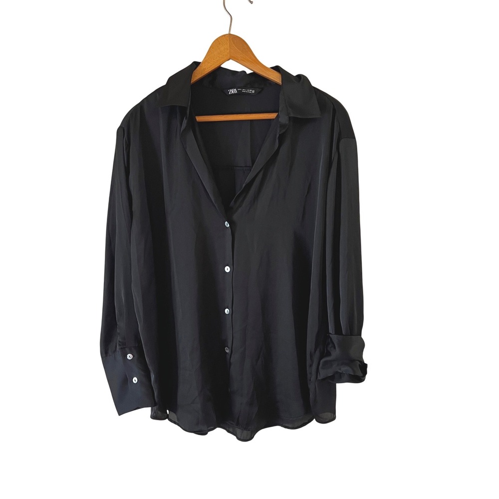 Zara Womens Black Satin Button Down Shirt Long Sleeve Office Blouse Work Zoom L